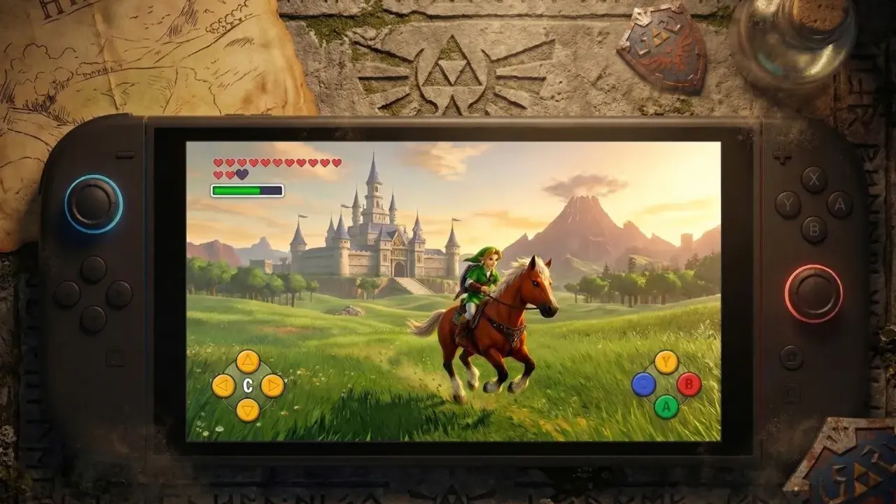 Link na koniu pędzi przez łąki w stronę zamku w grze Ocarina of Time na Switch.