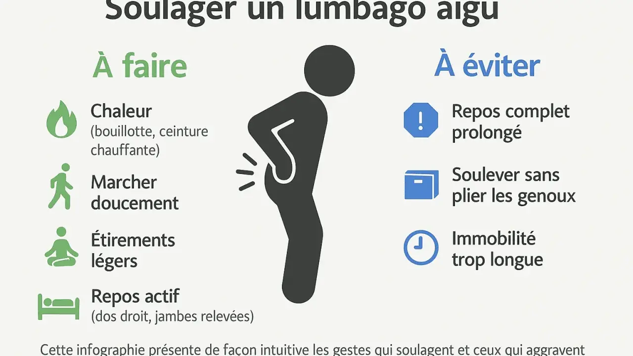 Conseils pour soulager un lumbago aigu : chaleur, marche douce, étirements légers, repos actif. Éviter le repos prolongé, soulever sans plier les genoux, et l'immobilité. Utile après un lumbago accident de travail.