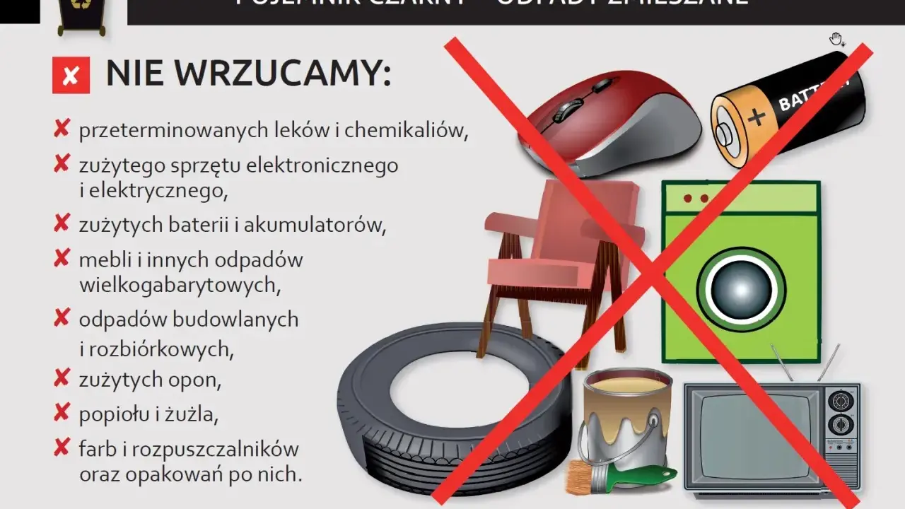 Czarny pojemnik na odpady zmieszane nie przyjmuje leków, elektroniki, baterii, mebli, opon, farb.