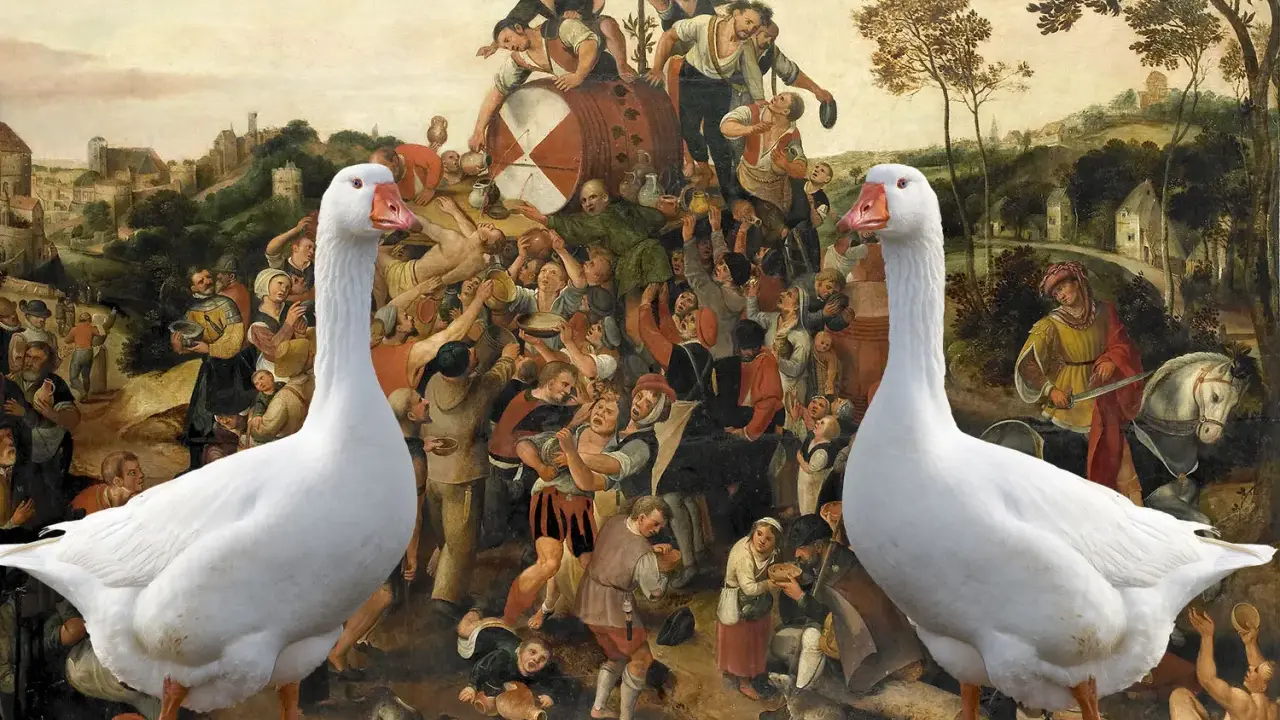 Två vita gäss står framför en folklig scen, kanske en förberedelse för en mårten gås middag.