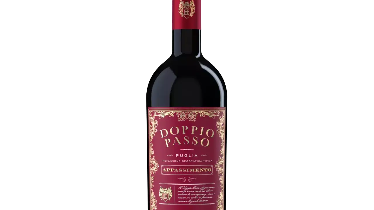Flasche Doppio Passo Appassimento Wein aus Apulien, Italien. Ein vollmundiger Rotwein mit intensiven Aromen.