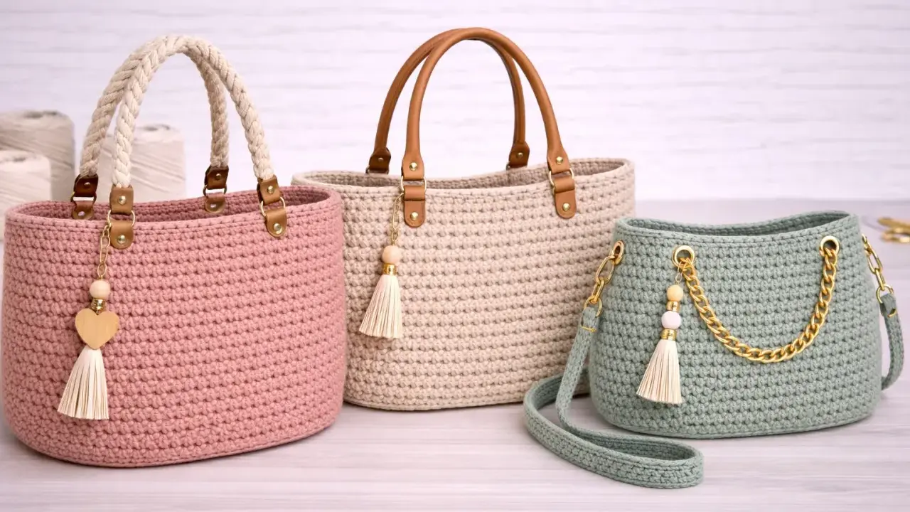 Tres bolsos de punto a dos agujas, uno rosa, uno beige y uno verde menta, con detalles de cuero, borlas y cadena dorada.