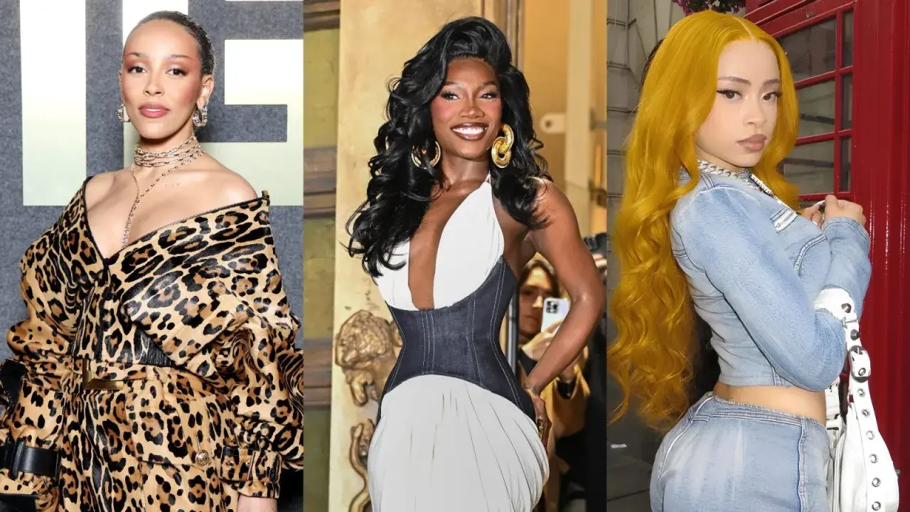 Trzy amerykanki raperki: Doja Cat w panterce, Flo Milli w białej sukni i Ice Spice w jeansie.