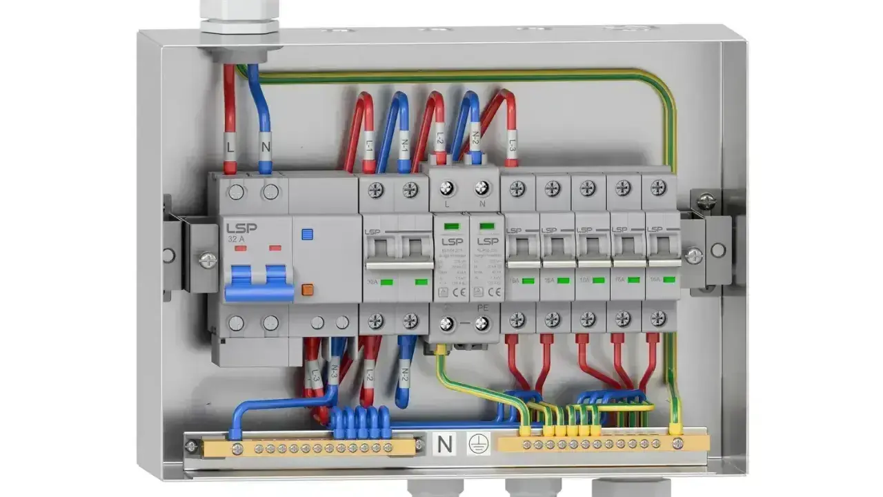 Metalowa obudowa z wyłącznikami i przewodami. Widoczna instalacja elektryczna natynkowa z zabezpieczeniami i listwami zaciskowymi.