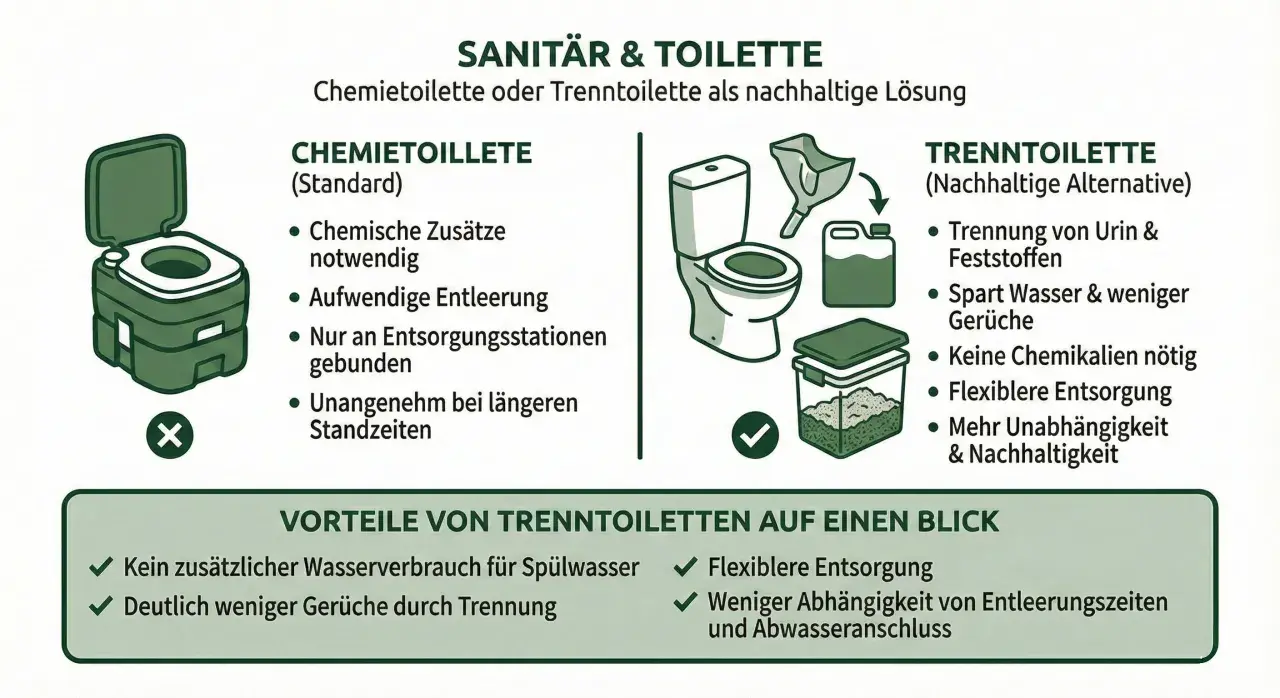Vergleich von Chemietoilette und Trenntoilette. Die Trenntoilette bietet eine umweltfreundlichere Schiff Toilette Entsorgung.