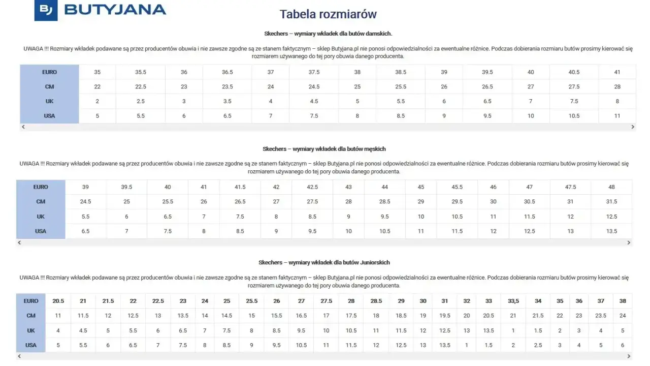 Tabela rozmiarów Skechers: damskie, męskie i juniorskie. Pomocne przy wyborze rozmiarów dla dzieci.