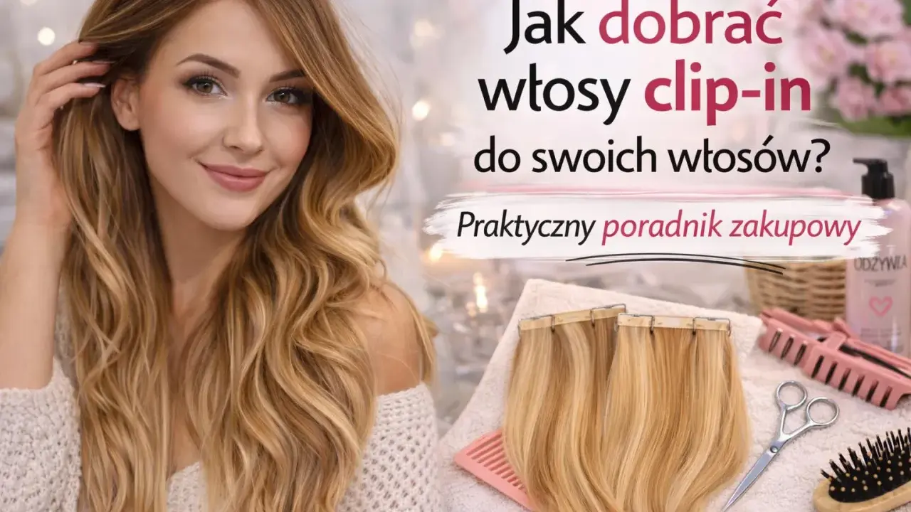 Kobieta z długimi, falowanymi włosami, obok pasma doczepianych włosów clip-in. Poradnik zakupowy dotyczący zabiegów na włosy.