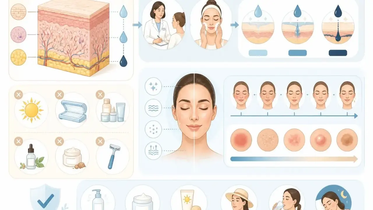 Illustration expliquant le peeling et les soins de la peau, montrant les couches cutanées, les étapes d'un traitement, les problèmes de peau et les bonnes pratiques.