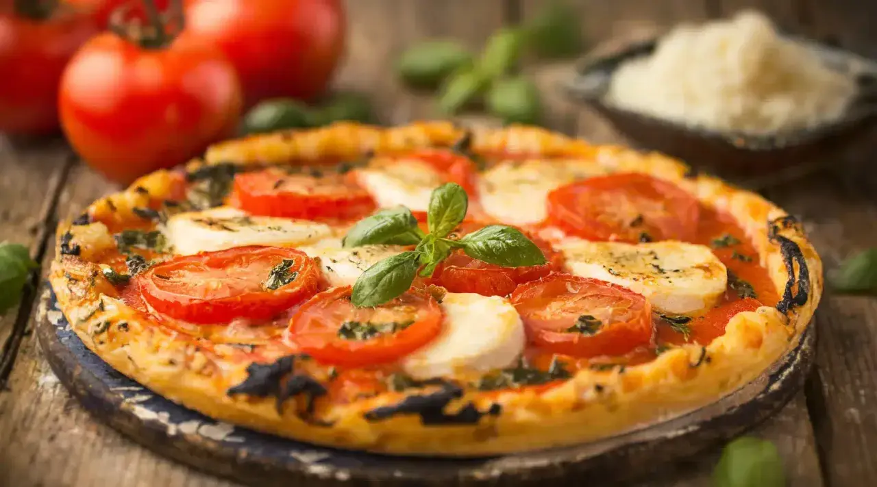 Délicieuse tarte tomate mozza, garnie de basilic frais et de tomates juteuses, prête à être dégustée sur un fond rustique.