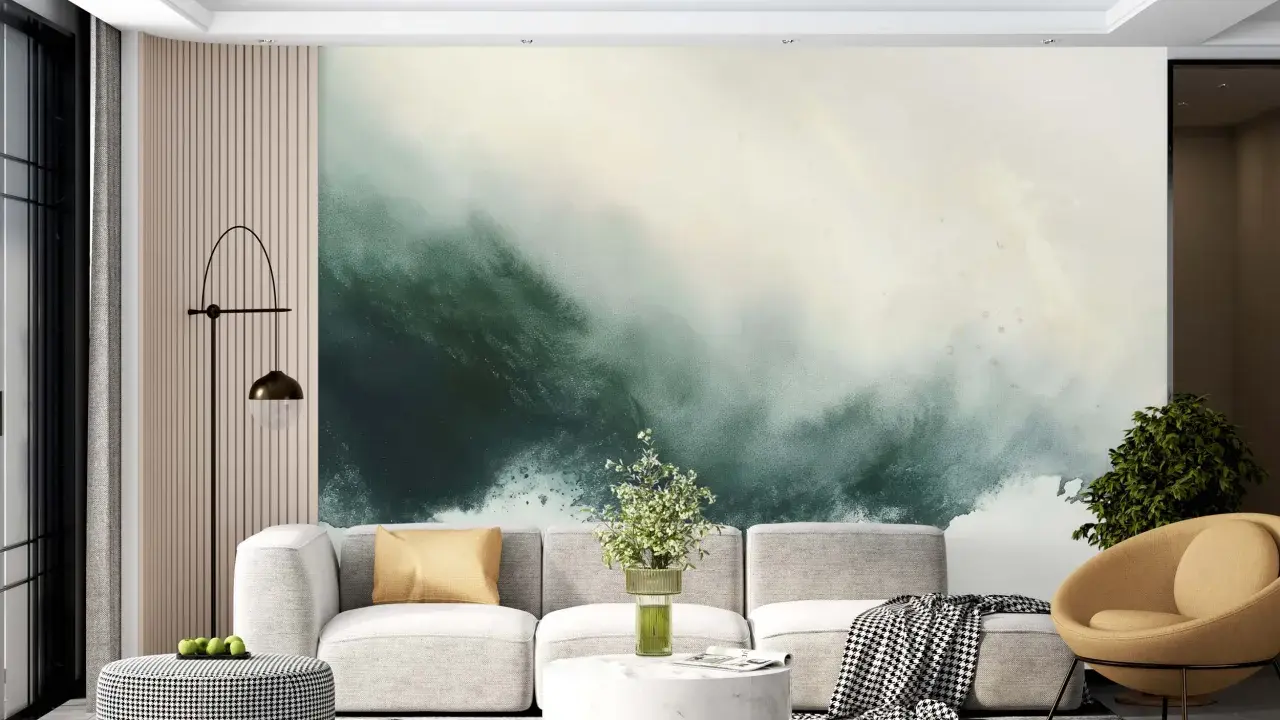 Nowoczesny salon z abstrakcyjną fototapetą w odcieniach zieleni i bieli. Inspiracje dla Twojego wnętrza.