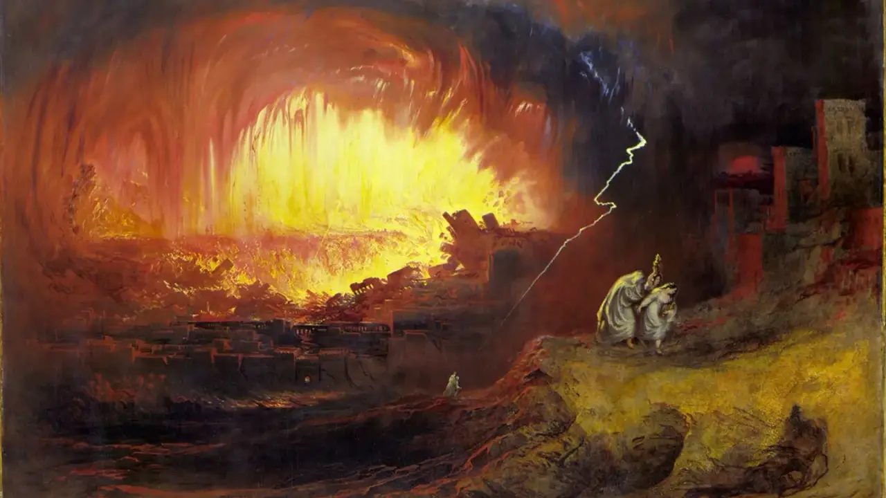 Feuerregen und Blitze vernichten Sodom und Gomorrha. Zwei Gestalten blicken auf die Zerstörung, während eine einsame Figur flieht.
