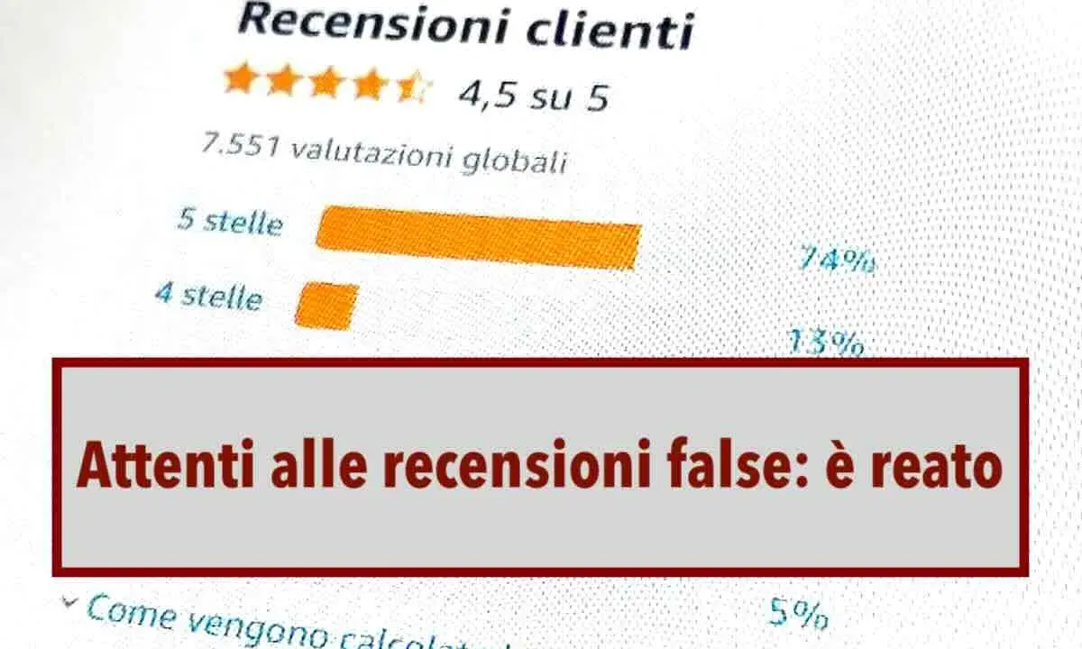 Attenzione alle recensioni positive false: è reato. Il grafico mostra le valutazioni dei clienti, con un avviso importante.