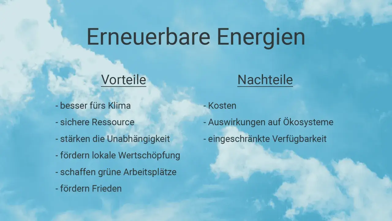 Vorteile erneuerbarer Energien: Klima, sichere Ressource, Unabhängigkeit, lokale Wertschöpfung, grüne Jobs, Frieden. Nachteile: Kosten, Ökosystem-Auswirkungen, Verfügbarkeit.