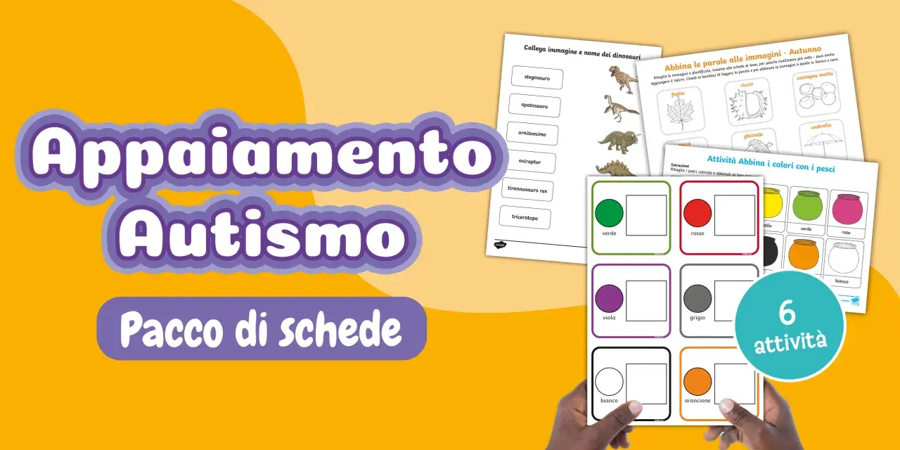 Pacchetto di schede per bambini autistici con attività di abbinamento immagini, parole e colori.