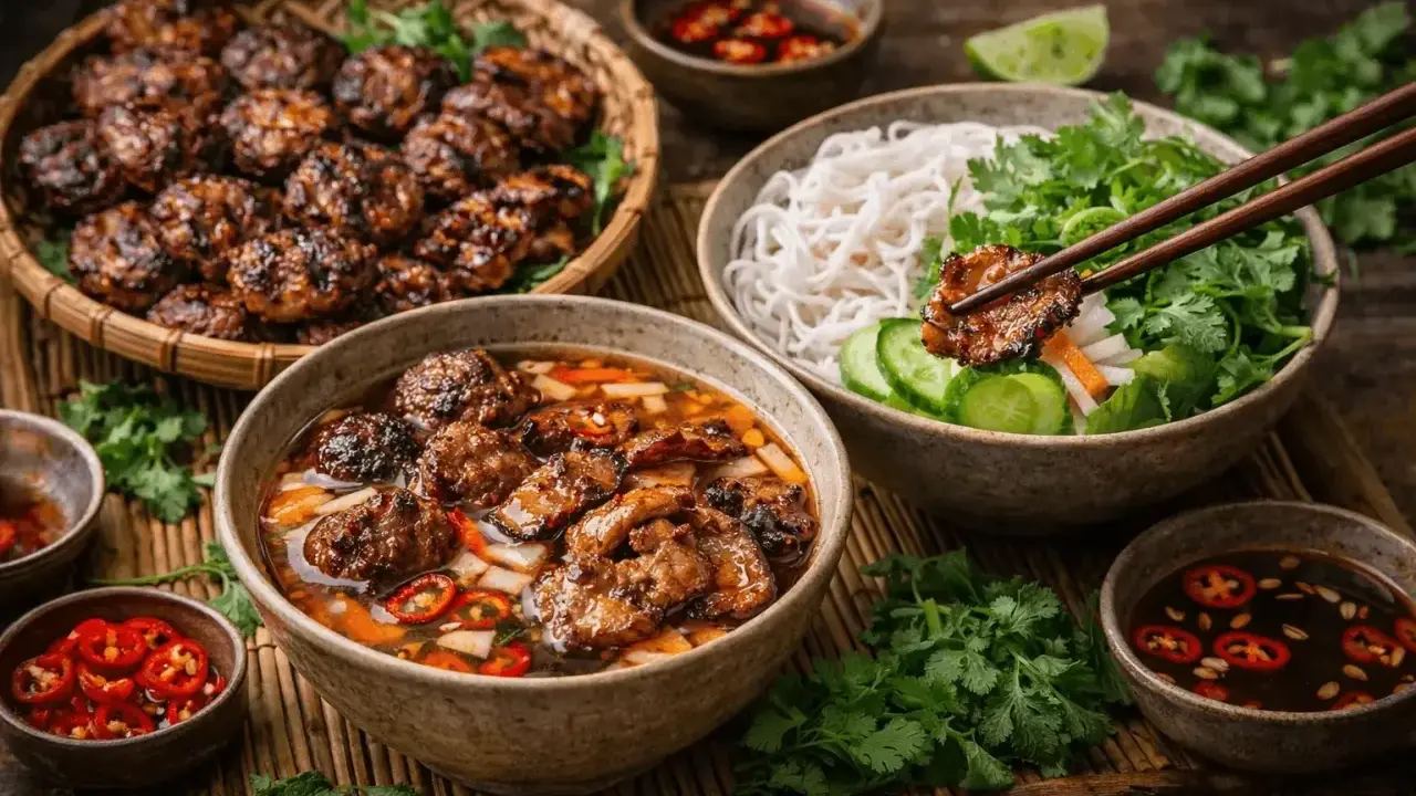 En härlig buffé med vietnamesisk mat: grillade köttbullar, nudlar med grönsaker och en smakrik buljong.