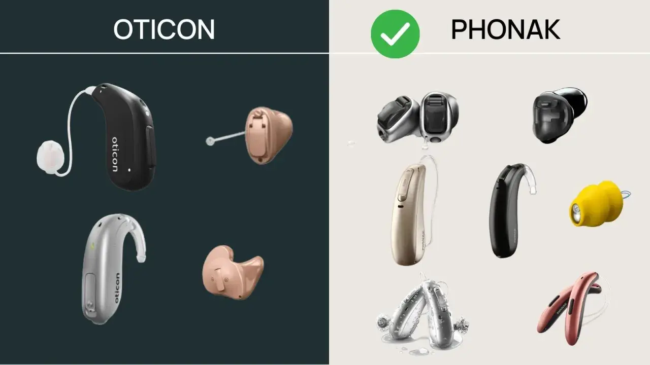 Porównanie aparatów słuchowych: po lewej stronie modele Oticon, po prawej Phonak. Różne typy i kolory urządzeń.
