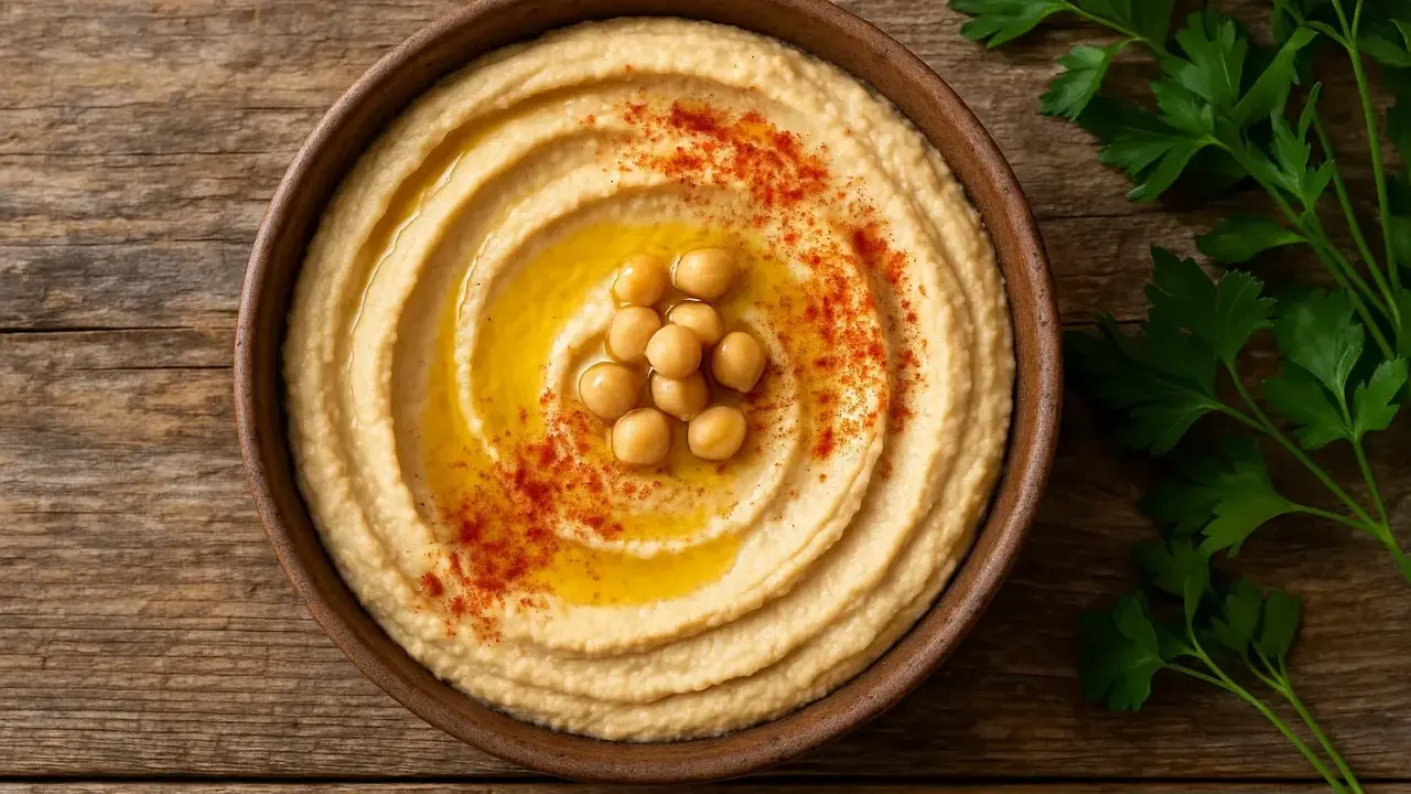 Cremiger Hummus in einer Schale, garniert mit Kichererbsen, Olivenöl und Paprikapulver. Ein gesunder Snack, der wenig Hummus Kalorien hat.