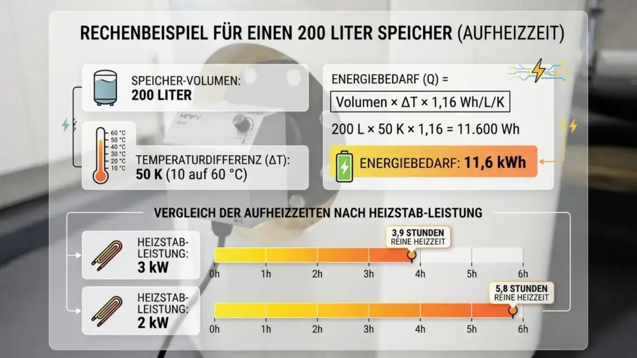 Berechnungsbeispiel für einen 200-Liter-Speicher: Ein elektrischer Warmwasserbereiter mit 3 kW Heizstab benötigt 3,9 Stunden.