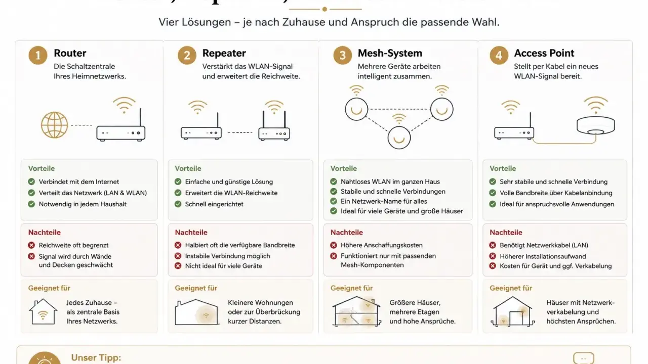 Vergleich von Router, Repeater, Mesh und Access Point zur Optimierung der WLAN-Funktion zu Hause.