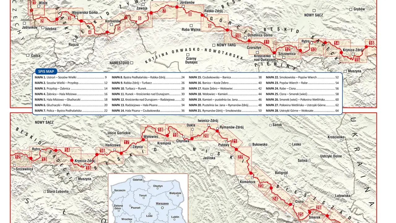 Mapa Głównego Szlaku Beskidzkiego, który ma 500 km, z zaznaczonymi odcinkami i miejscowościami.