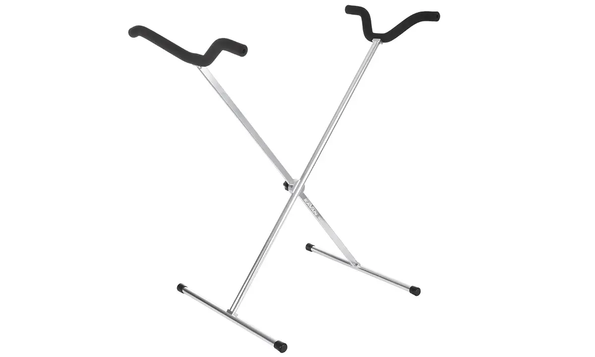 Zusammenklappbarer Gitarren-modellständer aus Metall mit gepolsterten Auflagearmen.