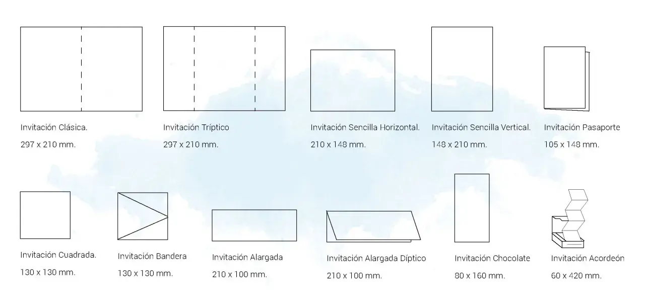 Diagrama de diferentes formatos y medidas de invitaciones de boda: clásica, tríptico, pasaporte, cuadrada, bandera, alargada, díptico, chocolate y acordeón.