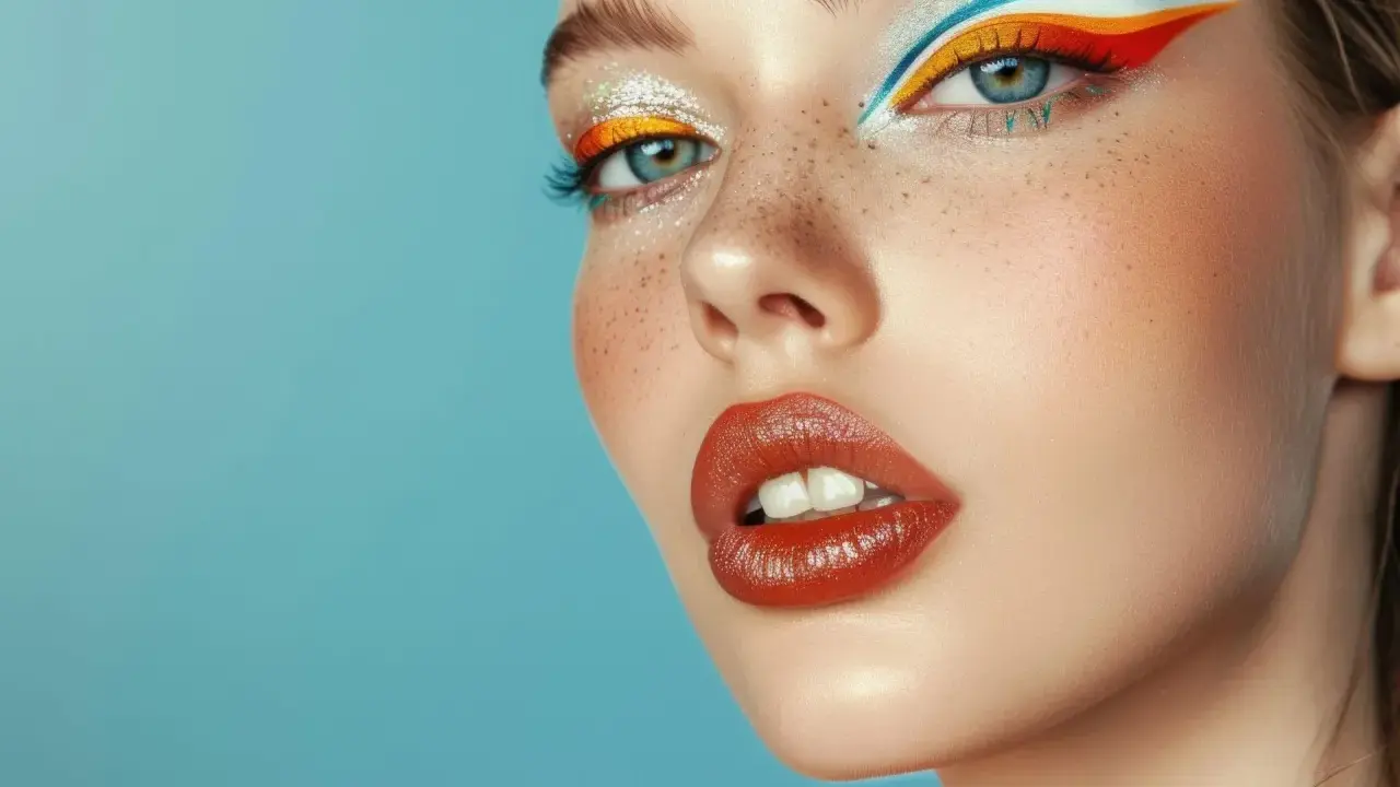 Ojo con delineado gráfico vibrante en tonos naranja, amarillo y azul. Labios rojos brillantes y pecas sutiles.