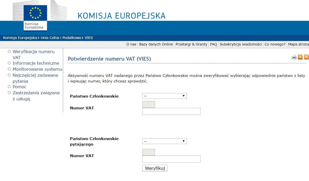 Formularz do weryfikacji numeru VAT w systemie VIES. Wybierz państwo i wpisz numer VAT, aby sprawdzić jego ważność.