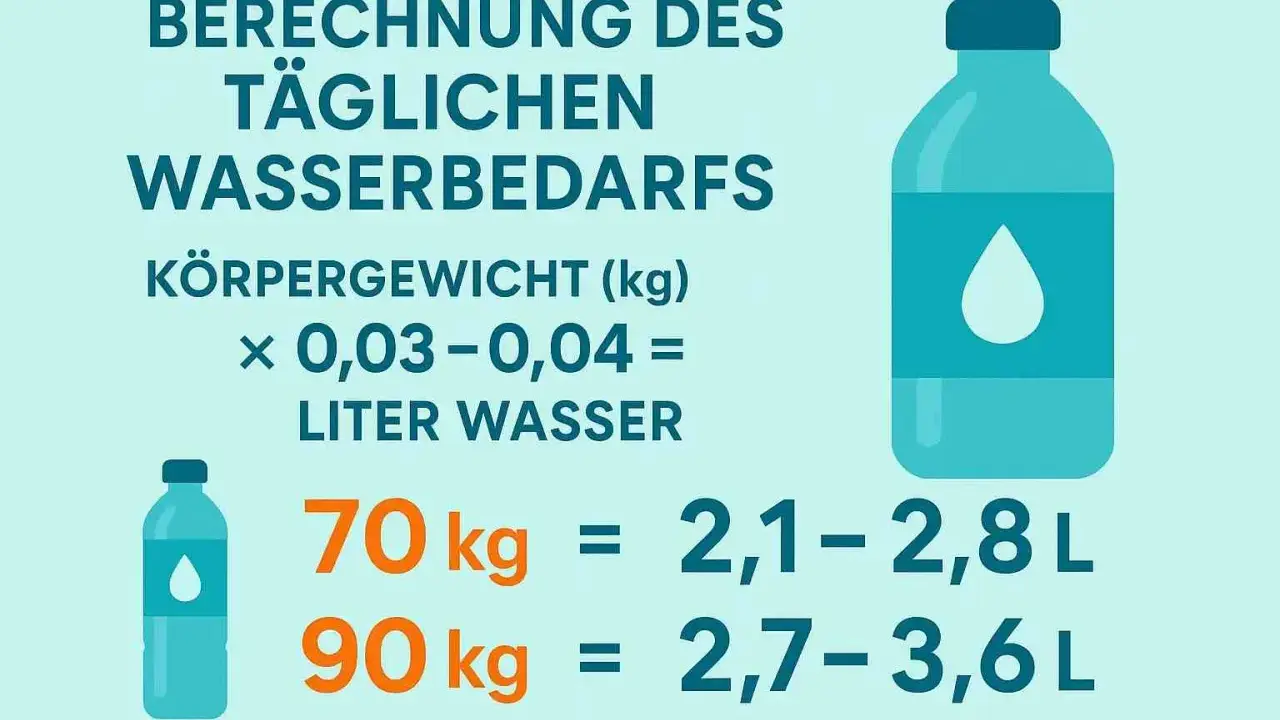 Täglichen Wasserbedarf berechnen: Formel für Wasser trinken abnehmen. Tabelle zeigt, wie viel Liter Wasser bei 70kg und 90kg Körpergewicht empfohlen werden.