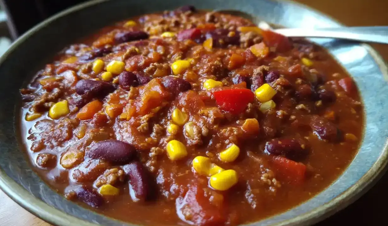En skål med mustig chili con carne, perfekt för ett värmande chili recept. Full med bönor, majs och köttfärs.