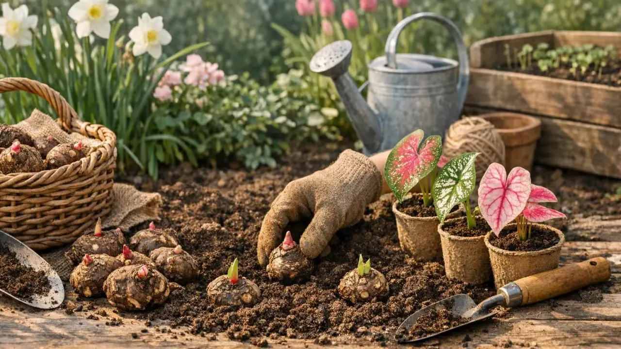 Maintenant, on plante des bulbes, peut-être une future fleur de ronce, dans la terre fertile. Des jeunes pousses émergent déjà.