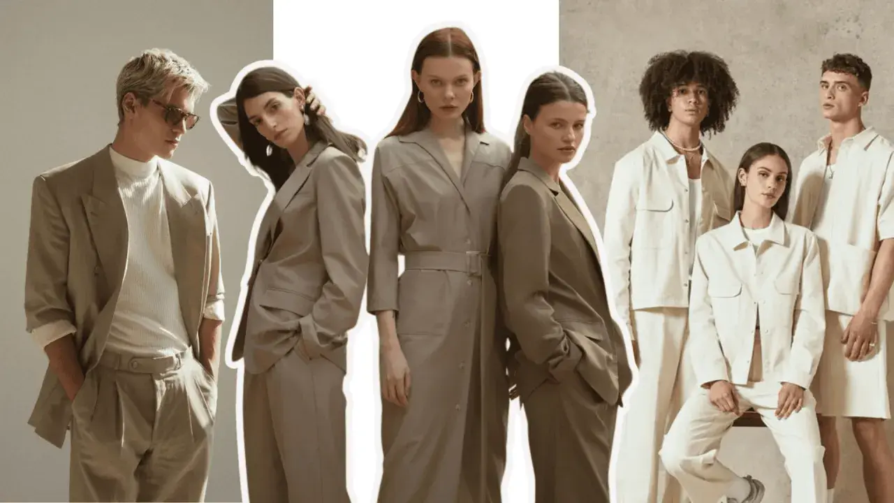 Models showcase gender fluid fashion in neutral-toned suits and jackets, blurring traditional style lines.