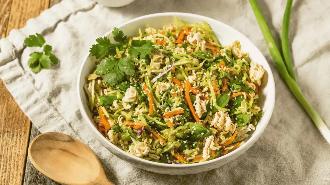 Ein bunter, knackiger Yum Yum Salat mit Nudeln, Karotten und Koriander. Perfekt für einen leichten Genuss!