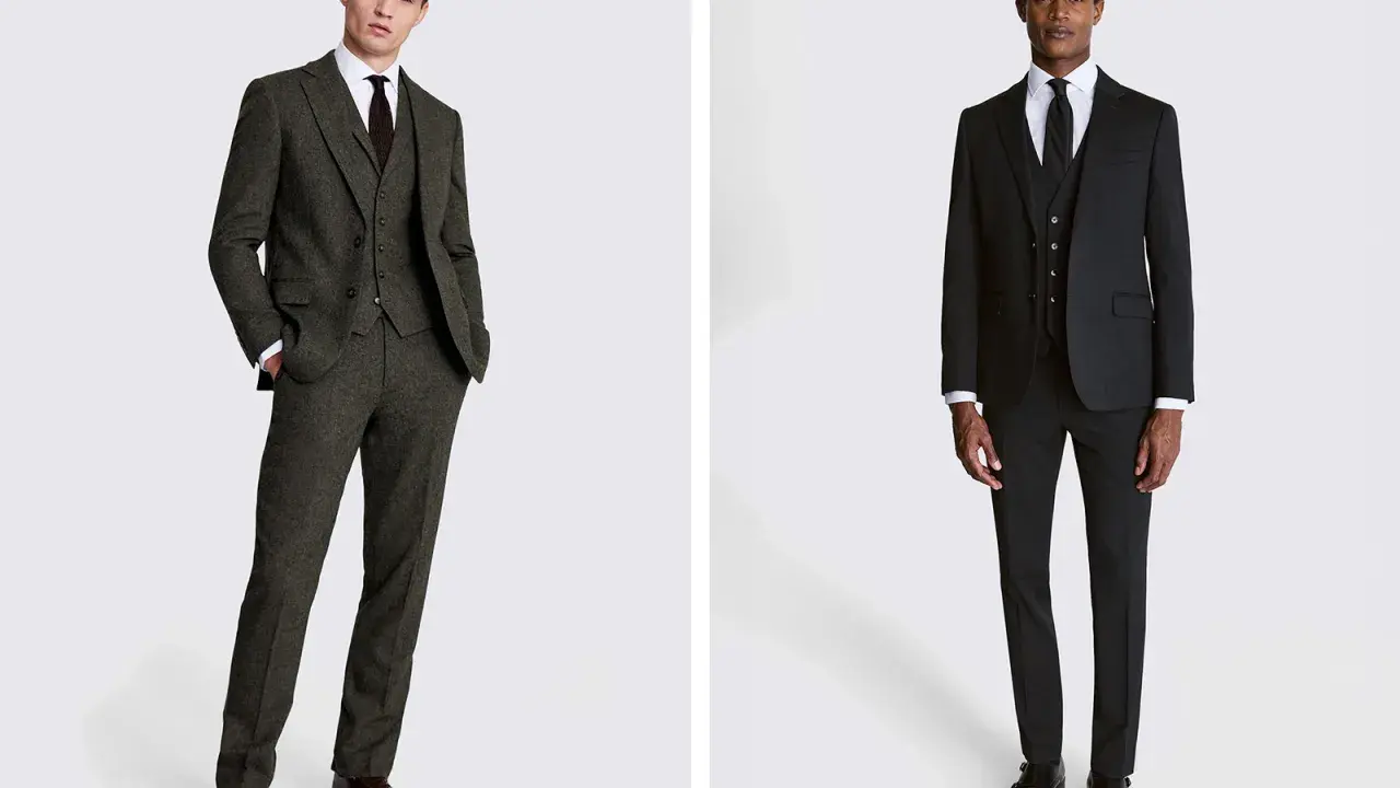 Two men in suits, showcasing options for what to wear to graduation male. One in a textured green suit, the other in a classic black suit.