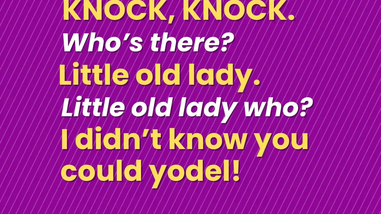 Żółty tekst na fioletowym tle z ukośnymi liniami: "Knock, knock. Who's there? Little old lady. Little old lady who? I didn't know you could yodel!