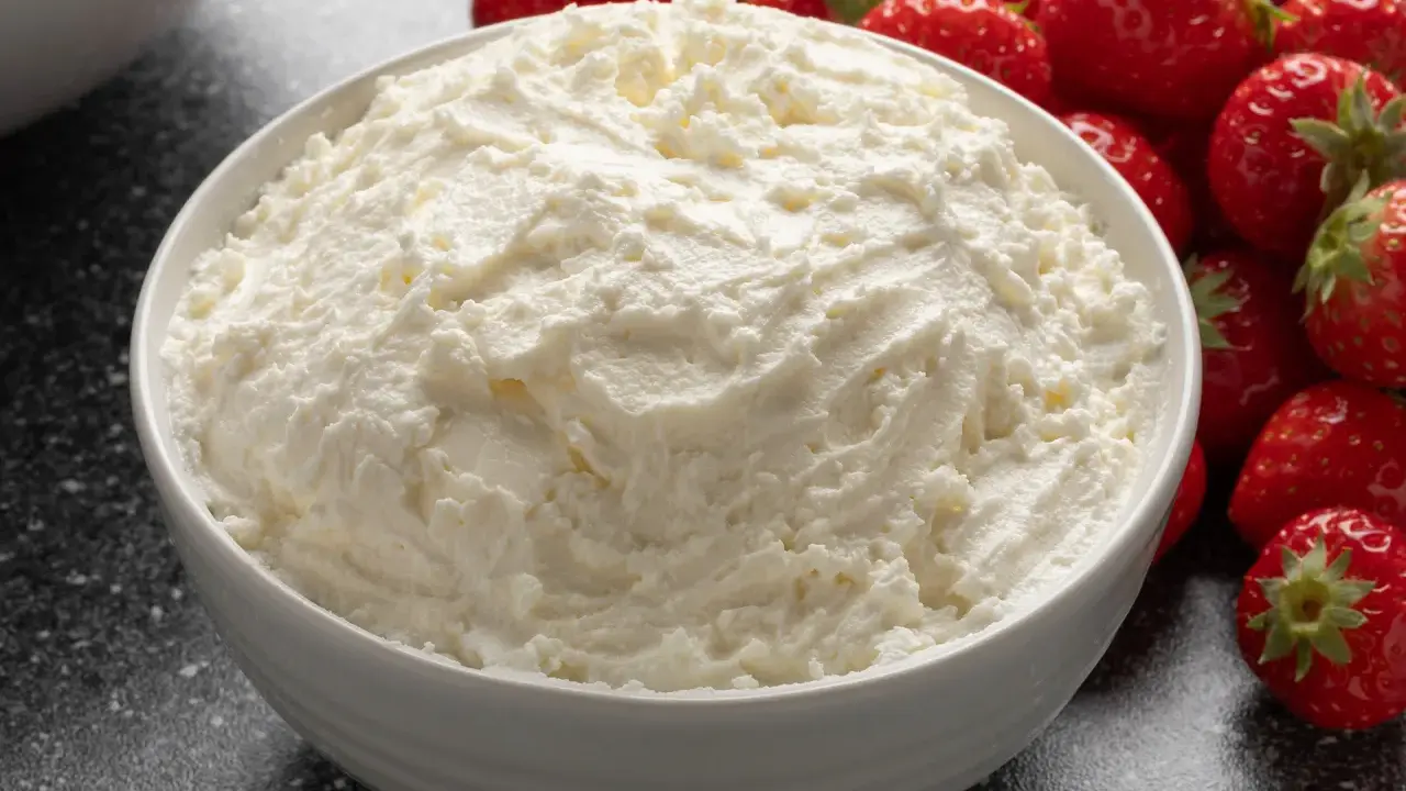 Cremiger Mascarpone in einer Schüssel, umgeben von frischen Erdbeeren. Perfekt für Tiramisu!