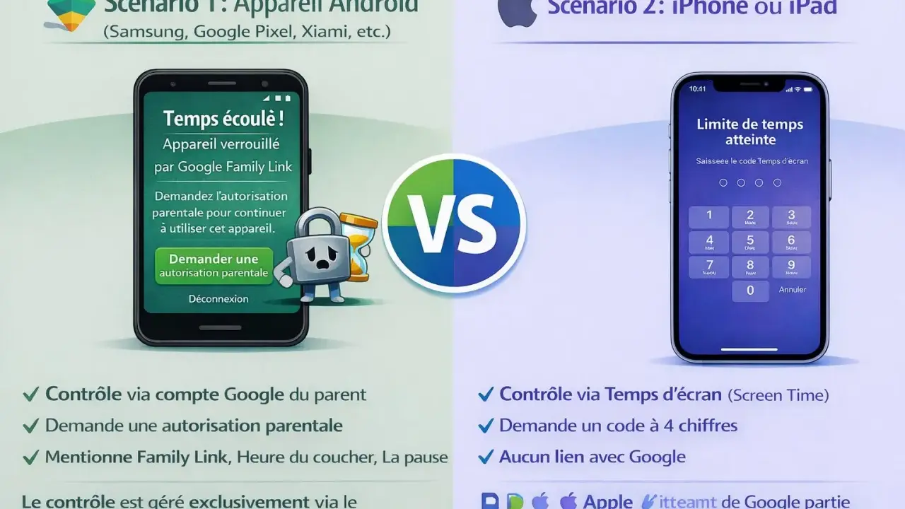 Scénario 1 : Android avec Google Family Link, un équivalent familial pour iPhone gratuit. Scénario 2 : iPhone avec Temps d'écran.