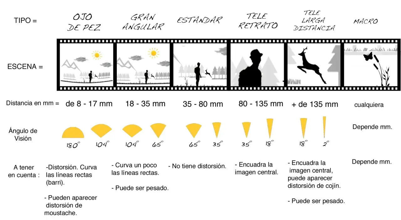 Comparativa de tipos de objetivo de una cámara: ojo de pez, gran angular, estándar, teleobjetivo, tele larga distancia y macro.