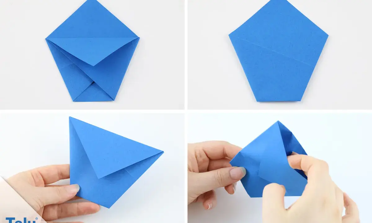 Schritt-für-Schritt-Anleitung zum **becher falten** aus blauem Papier. Hände formen die Origami-Schritte.