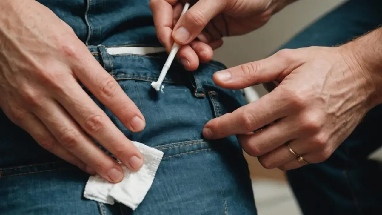 Ręce próbują usunąć super glue z dżinsów za pomocą patyczka i chusteczki. Dowiedz się, jak usunąć super glue z ubrania.