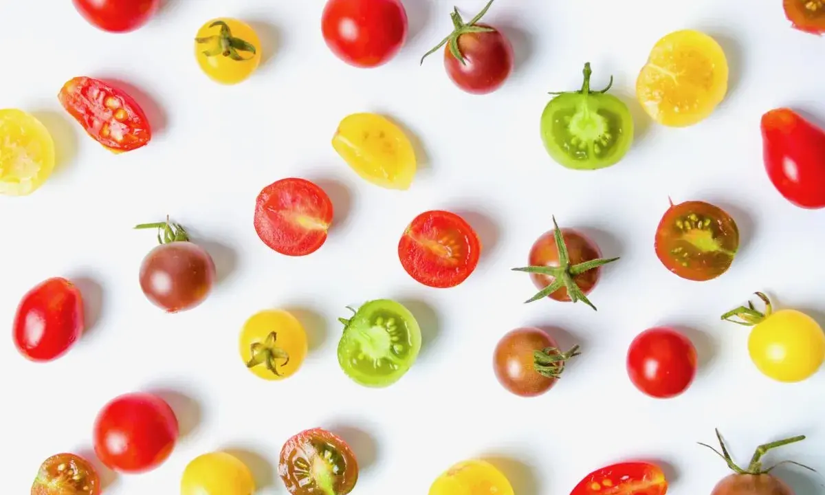 Un assortiment coloré de meilleures tomates cocktail, entières et coupées, sur fond blanc.