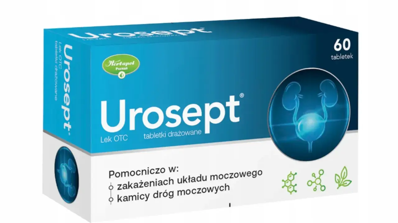 Opakowanie leku Urosept z grafiką układu moczowego i informacją o 60 tabletkach.