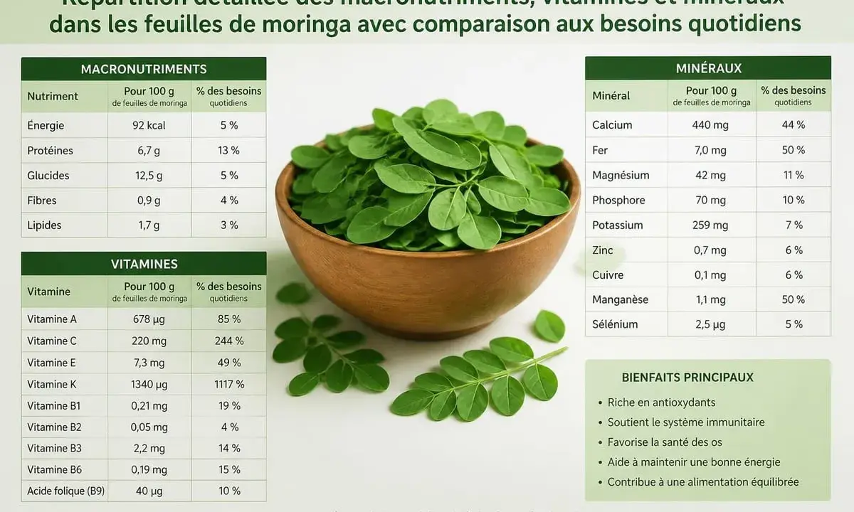Feuilles de moringa dans un bol, avec un tableau détaillant les macronutriments, vitamines, minéraux et les bienfaits principaux du moringa.