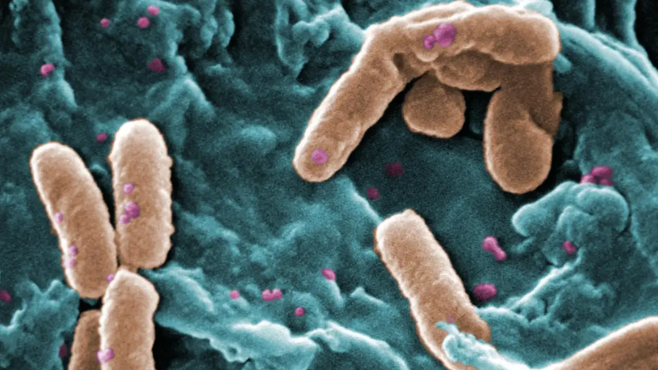 Immagine al microscopio elettronico di Pseudomonas aeruginosa, un batterio contagioso che si presenta come bastoncini marroni su uno sfondo bluastro.