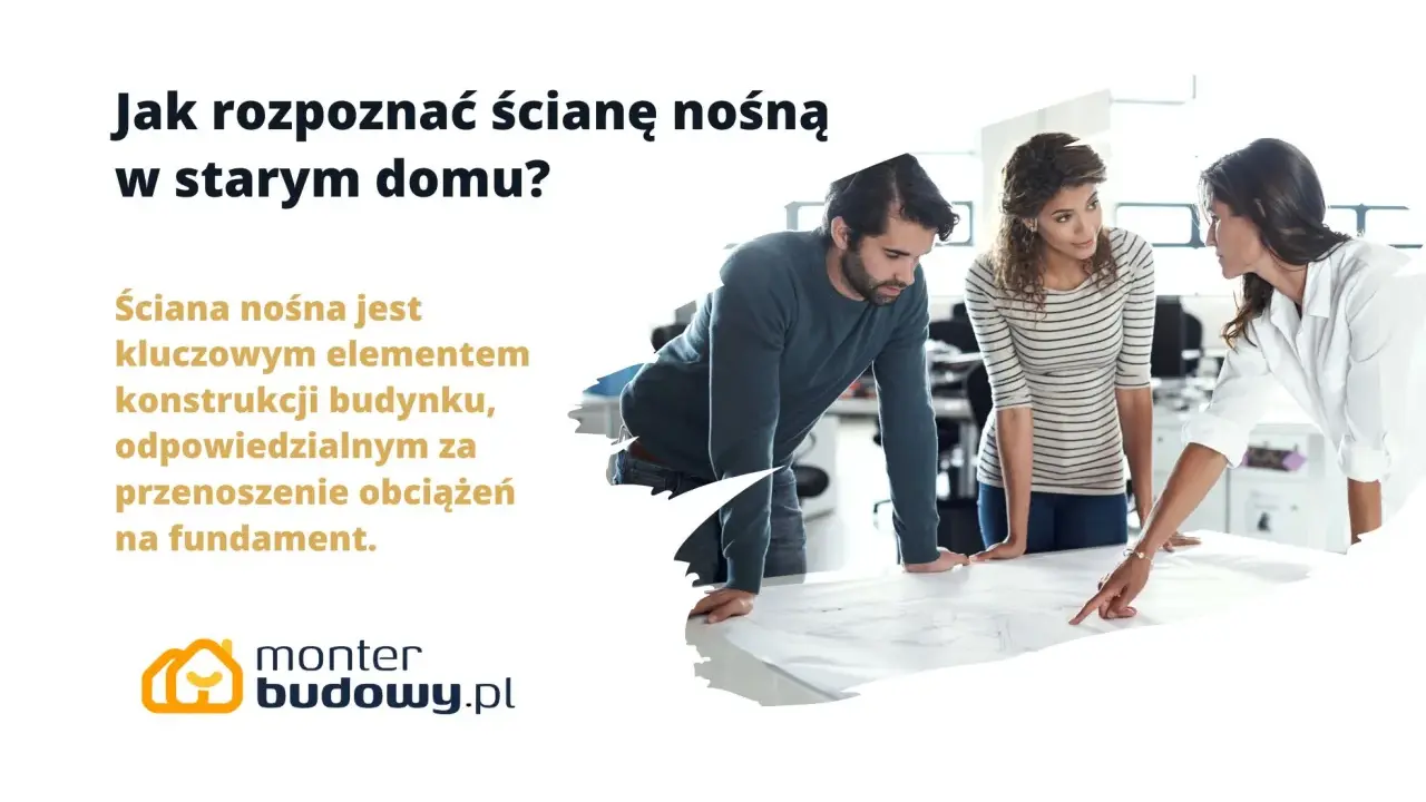 Jak rozpoznać ścianę nośną w starym domu? Trzy osoby analizują plany, by zidentyfikować kluczowy element konstrukcji.