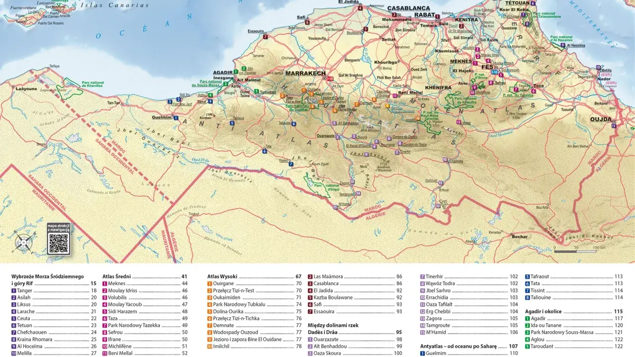 Mapa Maroka z zaznaczonymi atrakcjami, miastami i parkami narodowymi. Doskonały przewodnik po podróży.