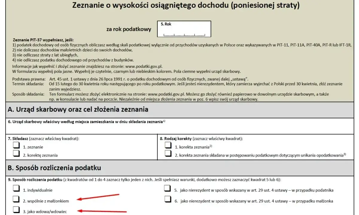 Formularz PIT-37, sekcja "Sposób rozliczenia podatku". Czy trzeba rozliczać PIT-11? Zaznaczono opcję "wspólnie z małżonkiem".