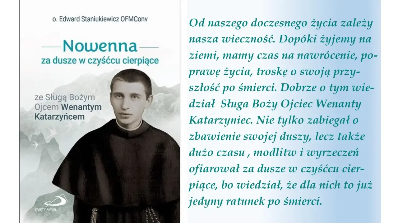 Okładka książki "Nowenna za dusze w czyśćcu cierpiące" ze Sługą Bożym Ojcem Wenantym Katarzyńcem. Modlitwa do Wenantego.