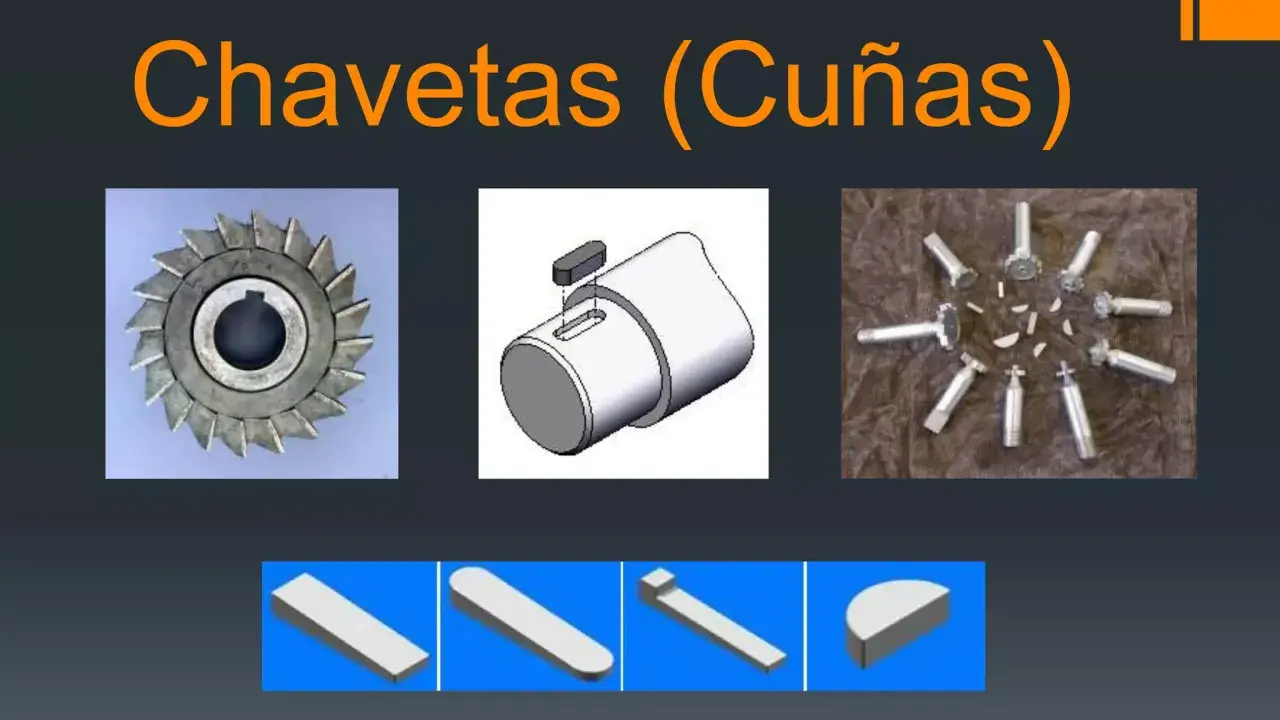 Diferentes tipos de chavetas y cuñas, incluyendo una rueda dentada, un eje con una chaveta insertada y varias chavetas sueltas.