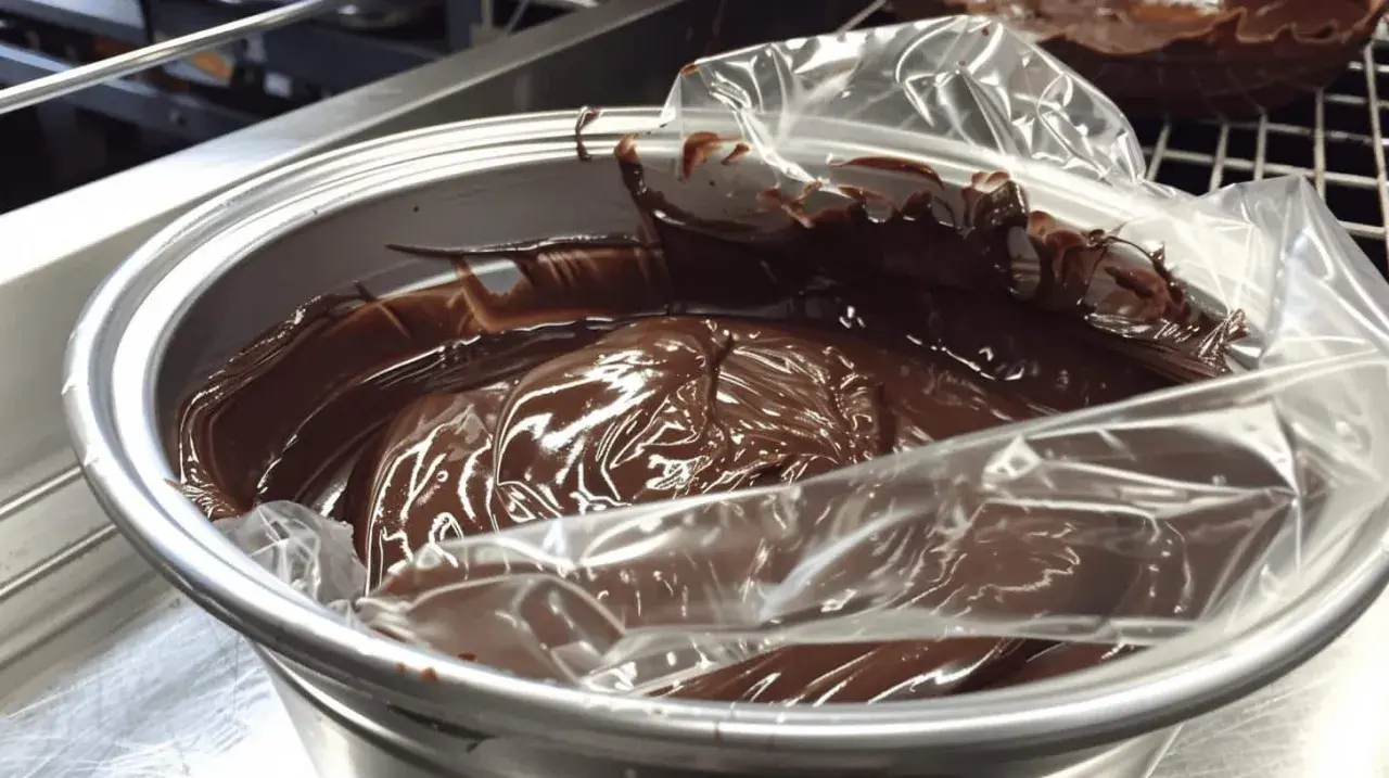 Ganache au chocolat, prête à refroidir au congélateur dans un bol en métal, recouverte d'une pellicule plastique.